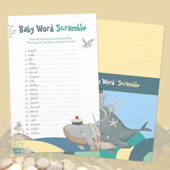 Papier Mot Nautique Scramble Jeu Baby shower Jaune (Zazzle Nautical Word Scramble Yellow Baby Shower Game ©Susanne Sachers - Sunny Mind Design 🌞)