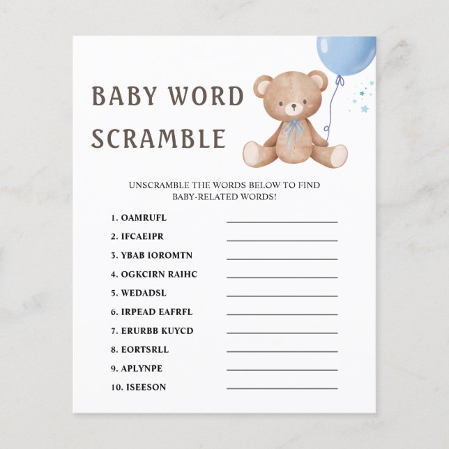 Papier Mot Scramble Teddy Bear Baby shower Jeu (Devant)