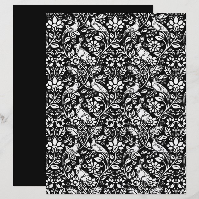 Papier Motif de faisan et de lièvre, noir et blanc  (Devant / Derrière)
