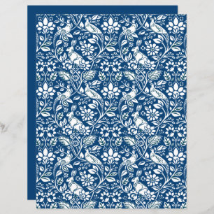 Papier Motif de faisan et lièvre, bleu et blanc d'Indigo