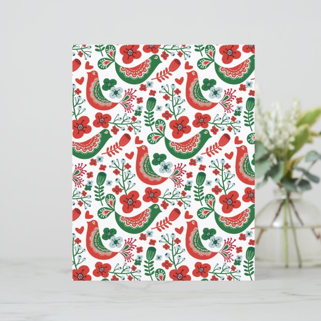 Papier Motif de Noël scandinave w Fleurs et oiseaux (Debout devant)