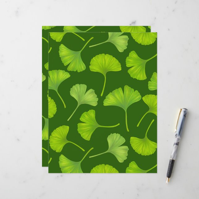 Papier Motif Ginkgo sur vert foncé (Devant/Arrière en situation)