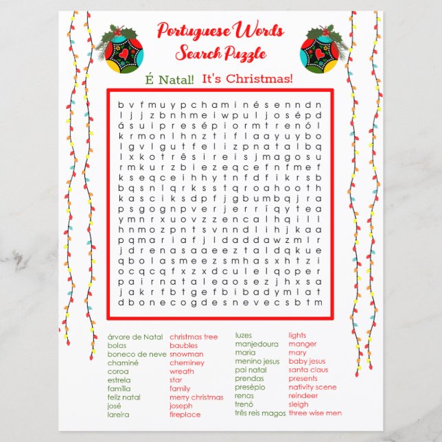 Papier Mots portugais de Noël Recherche Puzzle pour enfan (Devant)