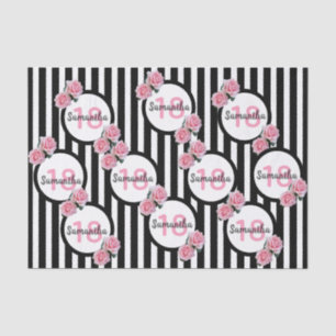 Papier Mousseline 18e anniversaire chic rose roses noir blanc rayure