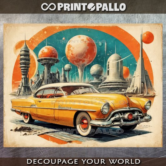 Papier Mousseline 1950 Retro Futurisme : voiture futuriste, station 