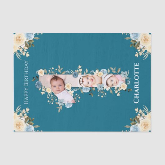 Papier Mousseline 1er anniversaire Photo Collage Turquoise bleu jaun (Recto)