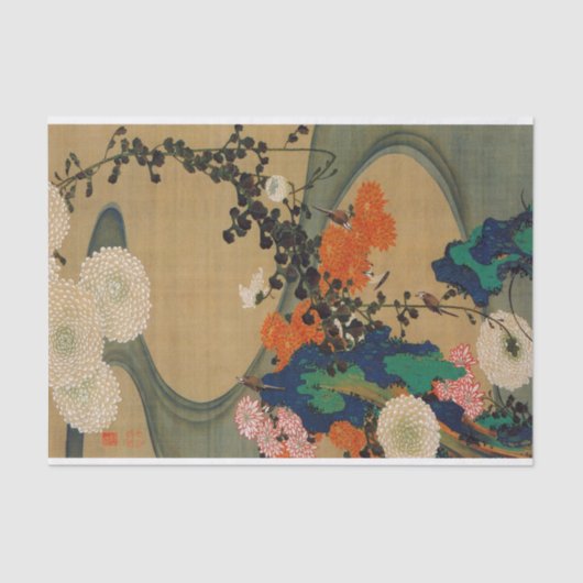 Papier Mousseline 29. 菊 花 流 水 図, 冲 Chrysanthemum & Stream, Jakuchu, (Recto)