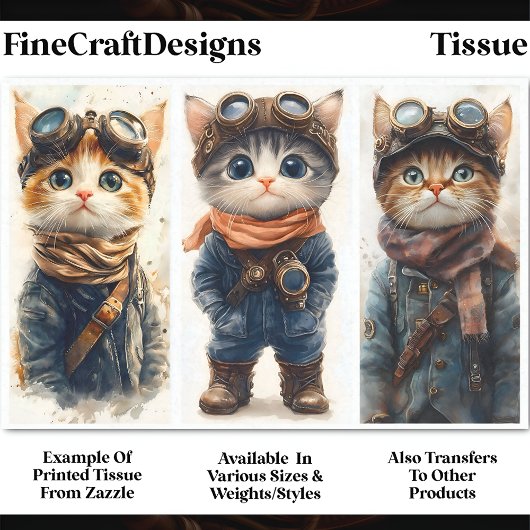 Papier Mousseline 3 Mignons Chats Steampunk Ensemble de Chatons DE4