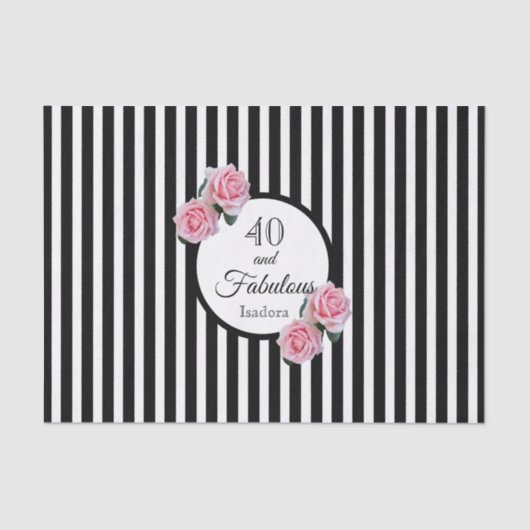 Papier Mousseline 40e anniversaire noir rayures rose fleurons nom (Recto)
