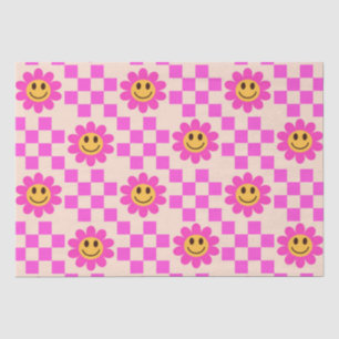Papier Mousseline à damiers Fleurs souriantes roses chaudes avec car