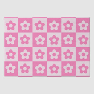 Papier Mousseline à damiers Motif Fleurs rétro roses et blanches cha