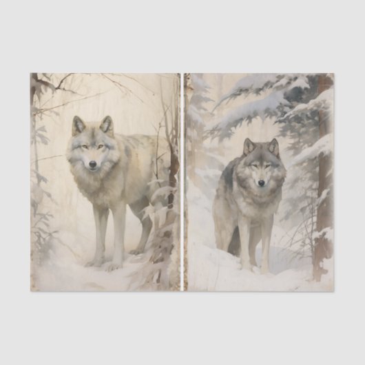 Papier Mousseline A Separate Pair of Wolves in the Winter Forest (Recto)