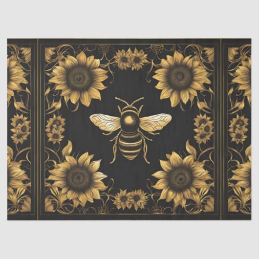 Papier Mousseline Abeille et tournesol en or et noir (Recto)