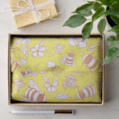 Papier Mousseline Abeilles et fleurs d'or roses sur Jaune (Cadeau)