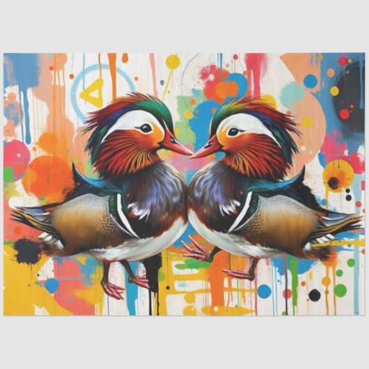 Papier Mousseline Abstract Colorful Mandarin Ducks Couple Decoupage (Recto)