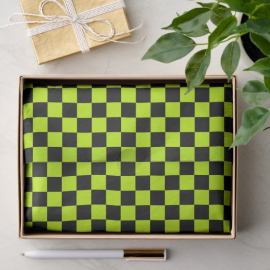Papier Mousseline Acid green black checkerboard pattern (Cadeau)