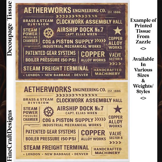 Papier Mousseline Aged Distressed Steampunk Work Signs FA8 Decoupage
