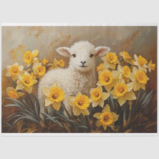 Papier Mousseline Agneau mignon avec jonquilles Jaune Peinture Décou (Recto)