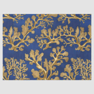 Papier Mousseline Algues d'or sur le bleu profond
