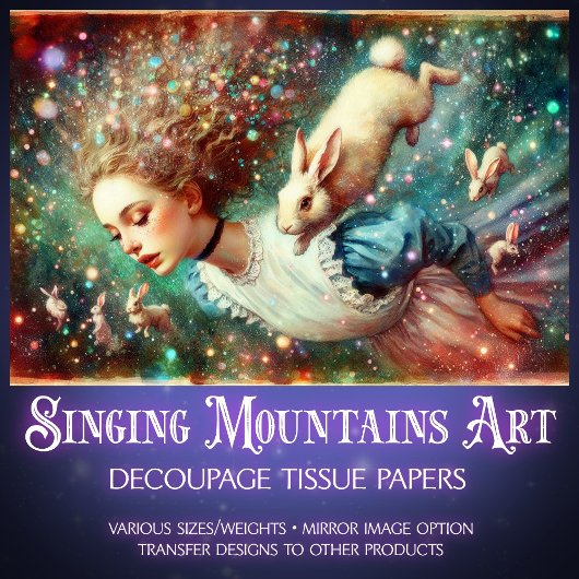 Papier Mousseline Alice and Rabbit Hole Wonderland Fantasy Decoupage