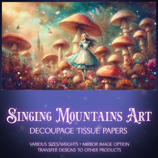 Papier Mousseline Alice and Whimsical Mushrooms Wonderland Decoupage