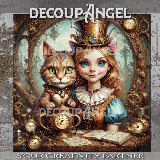 Papier Mousseline Alice et Cheshire Chat en Découpage Steampunk-Land