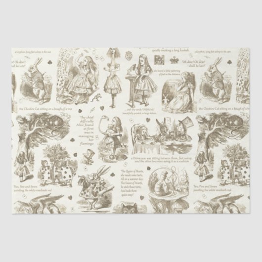 Papier Mousseline Alice in Wonderland Sepia Beige Toile Citations (Recto)