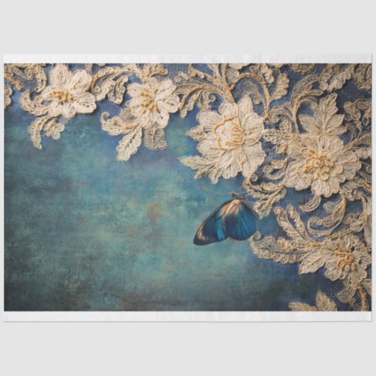 Papier Mousseline Allure azur, patine à papillon et dentelle brodée (Recto)