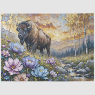 Papier Mousseline American Bison in floral mountain valley