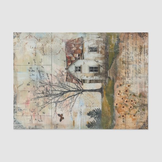 PAPIER MOUSSELINE ANCIENNE FERME EN DÉCOUPAGE D'AUTOMNE (Recto)