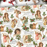 Papier Mousseline Angels Vintages paradisiaques, Holly & Music Colla<br><div class="desc">Un collage vintage clair et coloré,  avec des scènes d'anges à ailes célestes en robes coulissantes en assortiment de étiquettes bordés d'or sur un arrière - plan de musique de Noël embelli par saint arrière - plan blanc.</div>