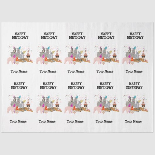 Papier Mousseline Animaux - Animaux à l'anniversaire Nom de la fête (Recto)