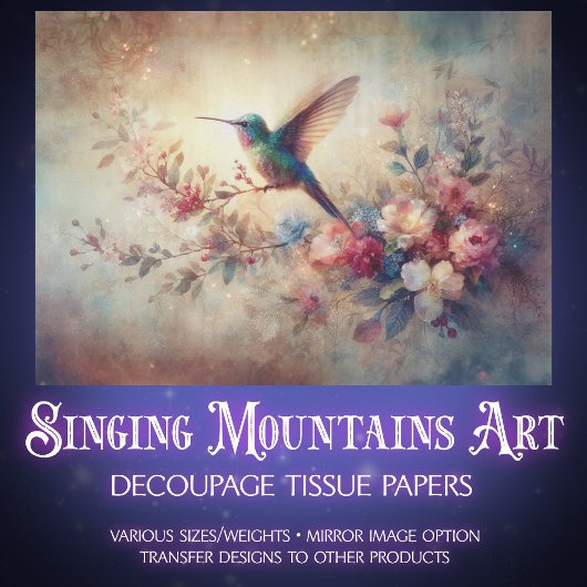 Papier Mousseline Antique Botanical Hummingbird Art Decoupage