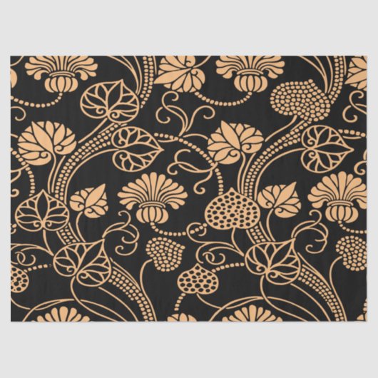 Papier Mousseline Antique motif floral orange sur noir (Recto)