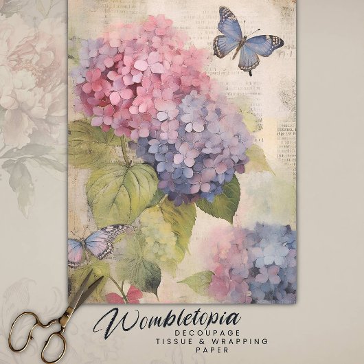Papier Mousseline Antique Pink Purple Hydrangea Ephemera Découpage