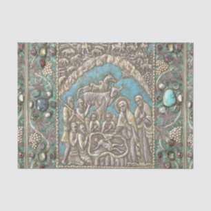 Papier Mousseline Antique Silver Turquoise Gems Nativité Scène Tiss