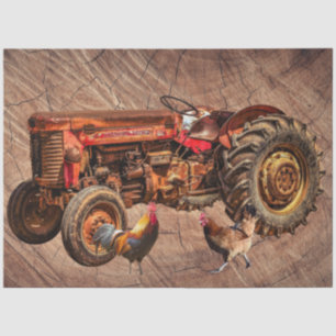 Papier Mousseline Antique Tracteur rouge Coq Hen