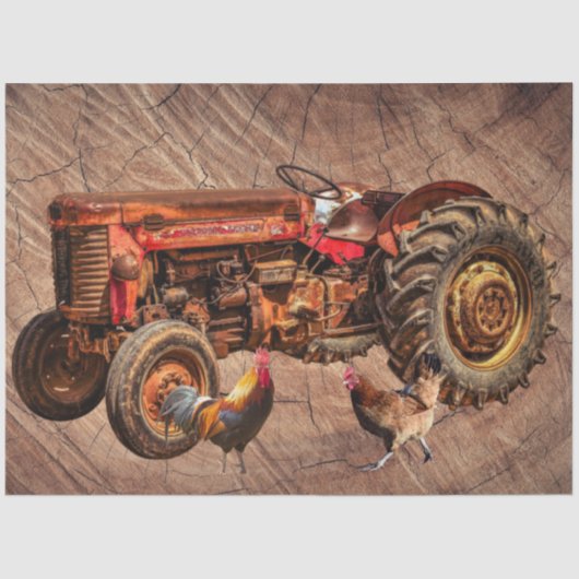 Papier Mousseline Antique Tracteur rouge Coq Hen (Recto)