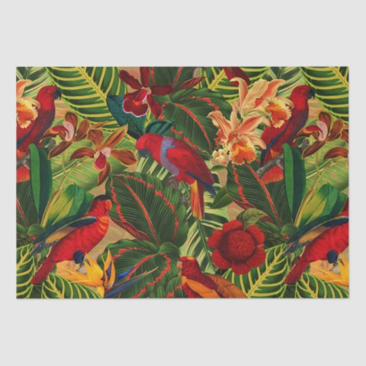 Papier Mousseline Antique Tropical Parrots Jungle Motif (Recto)