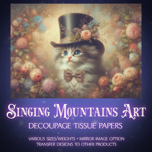 Papier Mousseline Antique Victorian Floral Cat Decoupage 