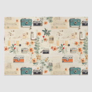 Papier Mousseline Appareil photo vintage Radio Floral Sarcelle Orang