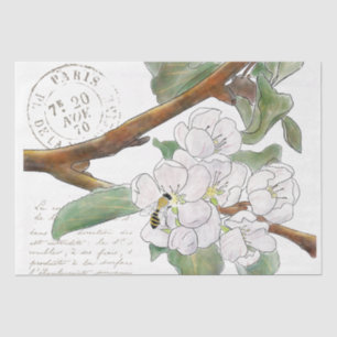 Papier Mousseline Apple Blossom Branch Bee French Script Decoupage