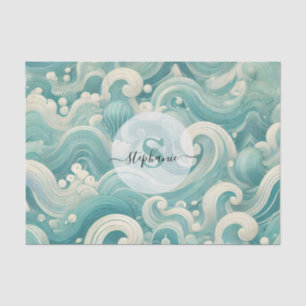 Papier Mousseline Aqua Blue & White Wave Abstraite - Art moderne Flu