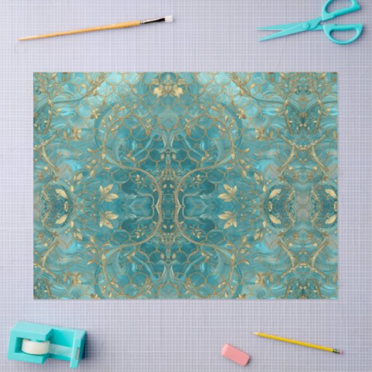 Papier Mousseline Aqua Pearlescent & Gold Mermaid Scale Pattern  (Artisanat)