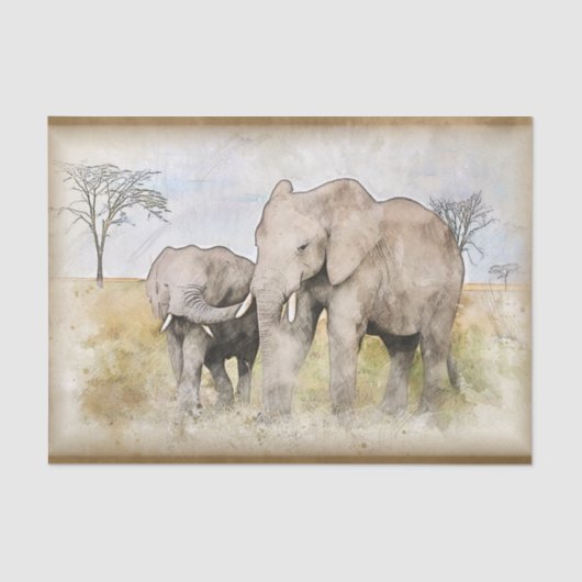 Papier Mousseline Aquarelle africaine des éléphants (Recto)
