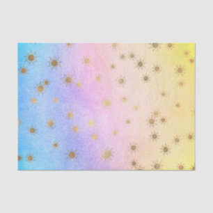 Papier Mousseline Aquarelle arc-en-ciel pastel avec soleils dorés