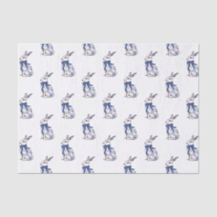 Papier Mousseline Aquarelle Bleu et blanc Chinoiserie Lapin Rabbit