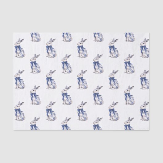 Papier Mousseline Aquarelle Bleu et blanc Chinoiserie Lapin Rabbit (Recto)