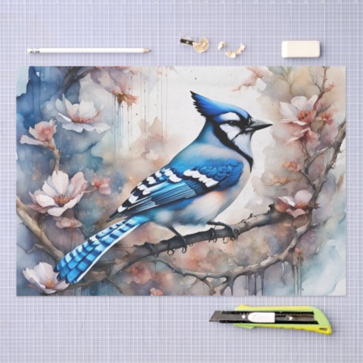 Papier Mousseline Aquarelle bleu Jay Cherry Blossoms (Artisanat)