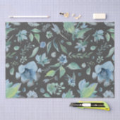 Papier Mousseline Aquarelle bleu sur gris foncé floral (Artisanat)